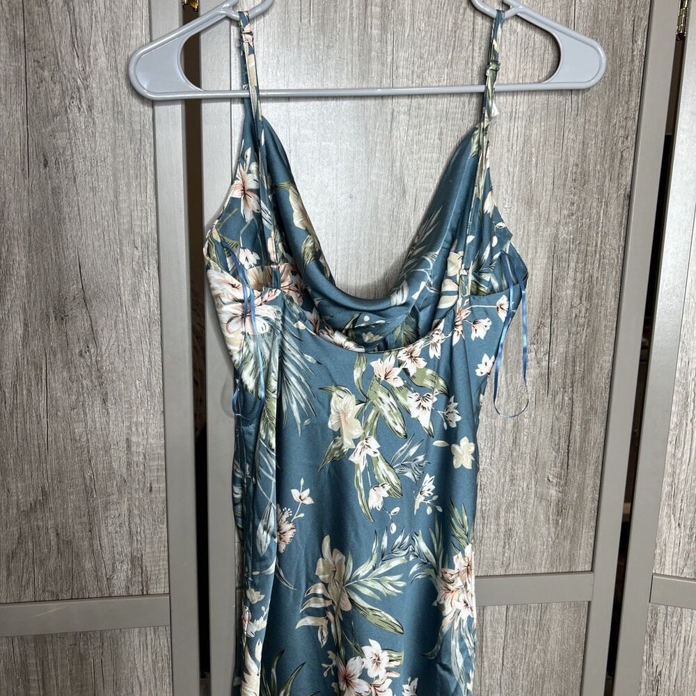 Mable Satin Dress Teal Floral Cowl Neck Ruching on the Sides - Picture 9 of 10